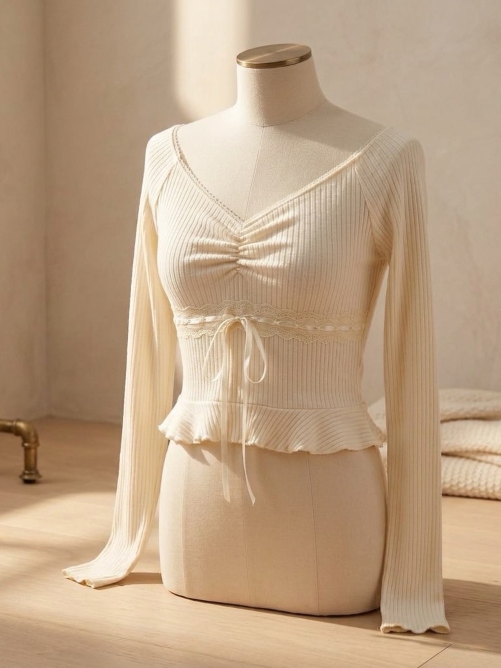 Kimchi Blue by Urban Outfitters Cream Ribbed Long-Sleeve Top with Lace Trim
